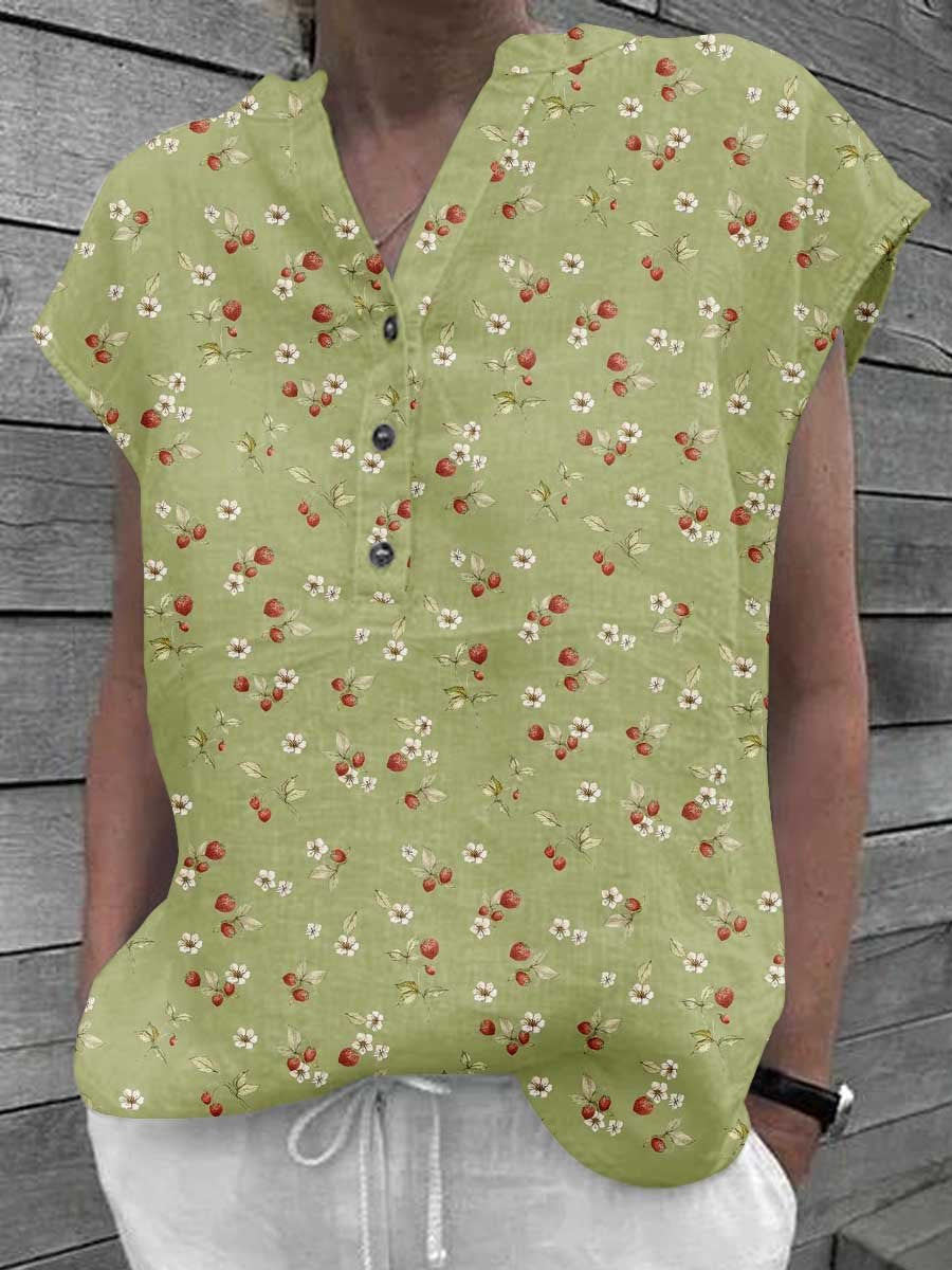 Women's Classic Elegant Floral Pattern Cotton and Linen Top