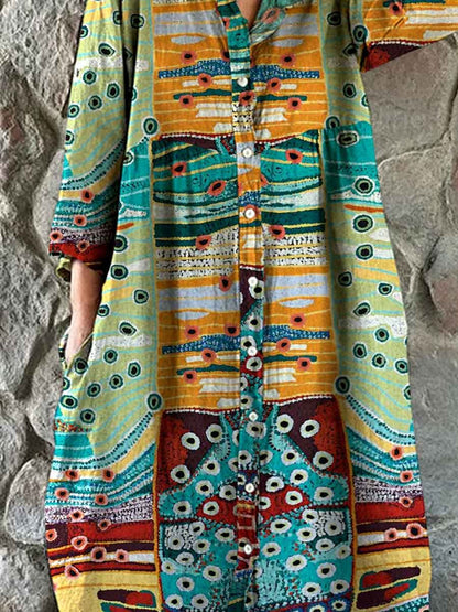 Women's Retro Art Geometric Texture Pattern Shirt Style Cotton And Linen Dress