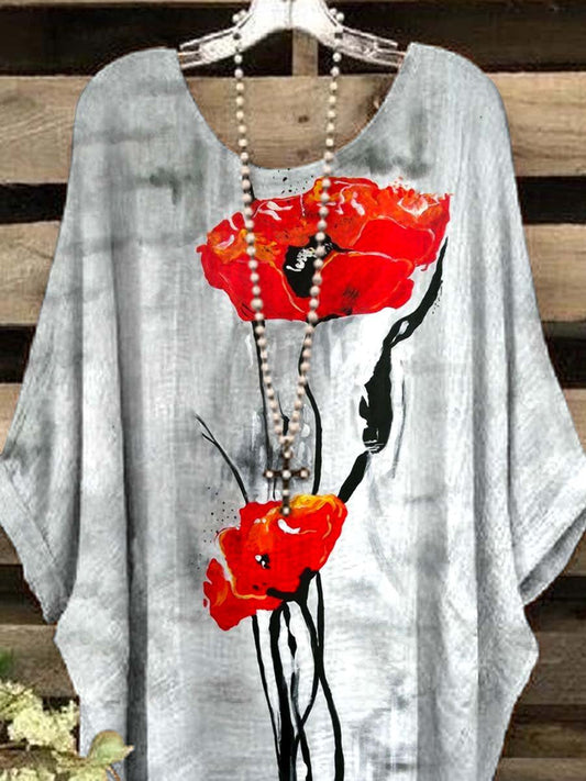 Women's V-Neck Art Oil Painting Poppy Floral Print Top