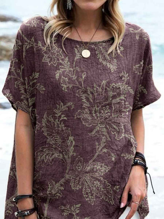 Women's Elegant Simple Decorative Floral Pattern Round Neck Cotton and Linen Top