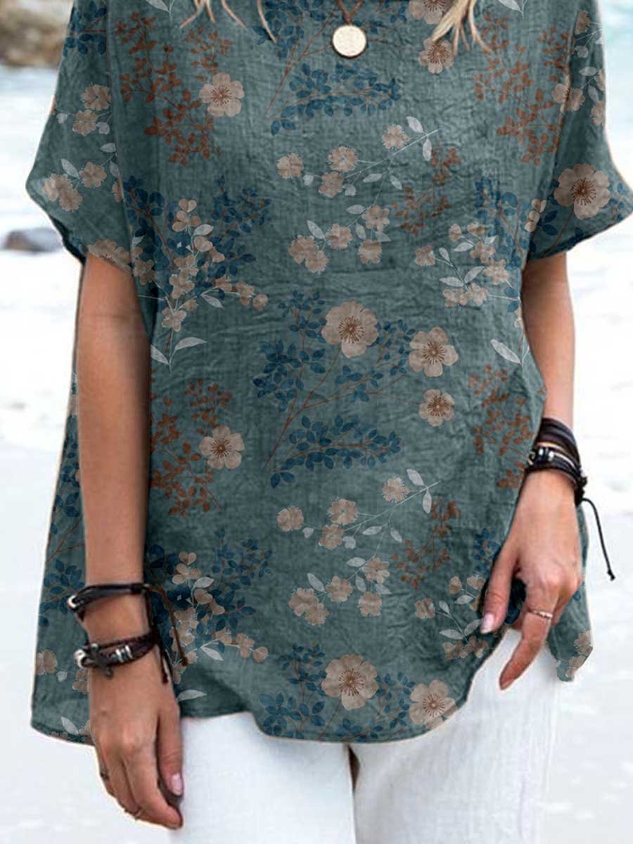 Women's Elegant Decorative Floral Pattern Round Neck Cotton and Linen Top