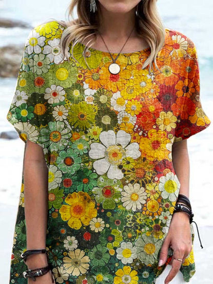 Women's Elegant Floral Pattern Round Neck Cotton and Linen Top