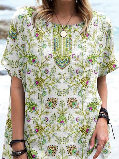 Women's Elegant Boho Geometric Pattern Cotton and Linen Top