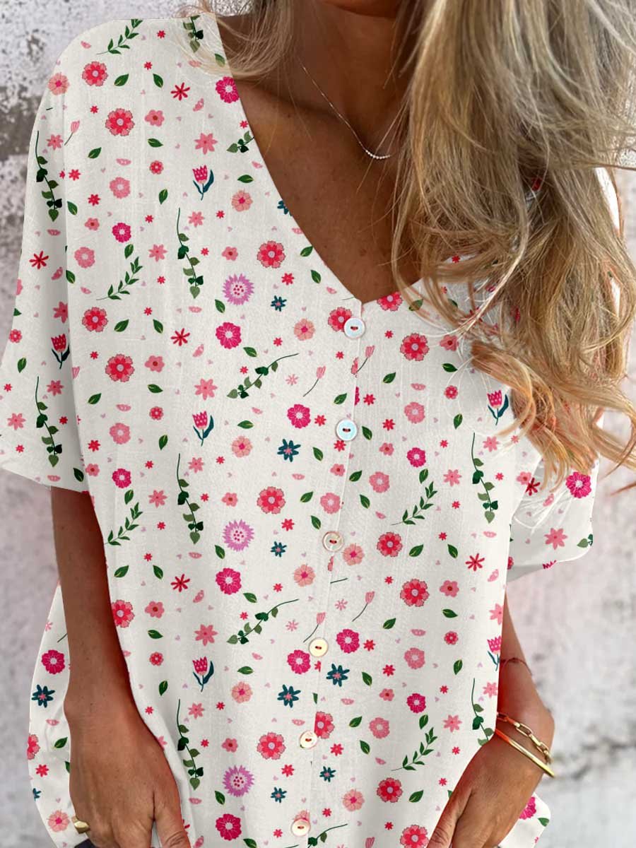 Women's Foral Pattern V-neck Shirt Style Cotton And Linen Top