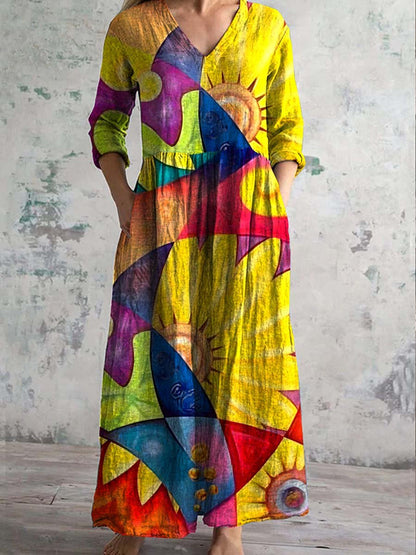 Women's V-neck Rainbow Art Cotton And Linen Dress With Pockets