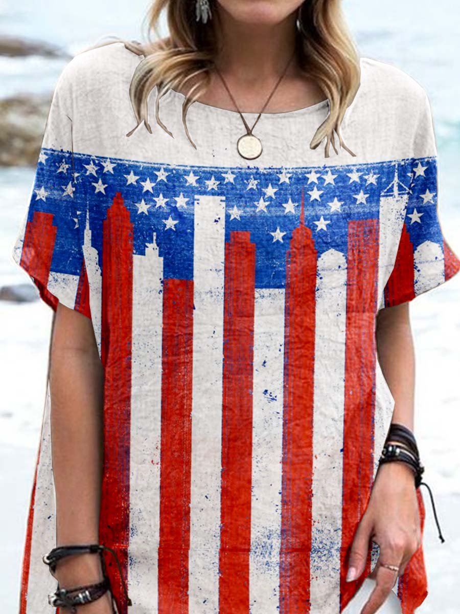 Women's Independence Day Flag Pattern Cotton and Linen Top