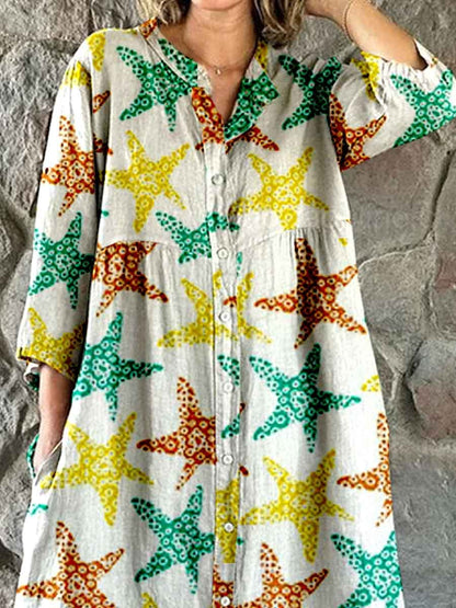 Women's Summer Fun Underwater World Starfish Pattern Shirt Style Cotton And Linen Dress