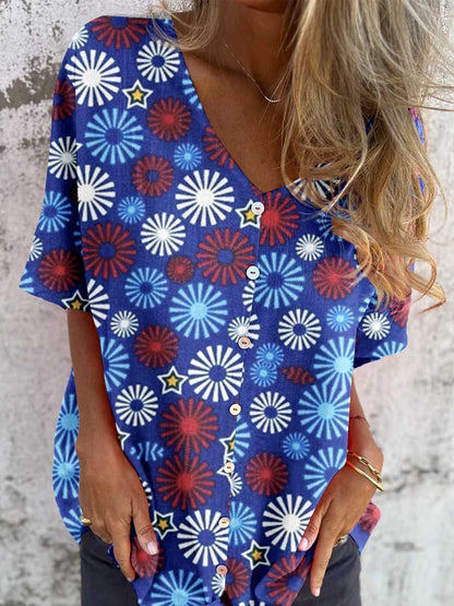 Women's Independence Day Color Floral Pattern Shirt Style Cotton and Linen Top