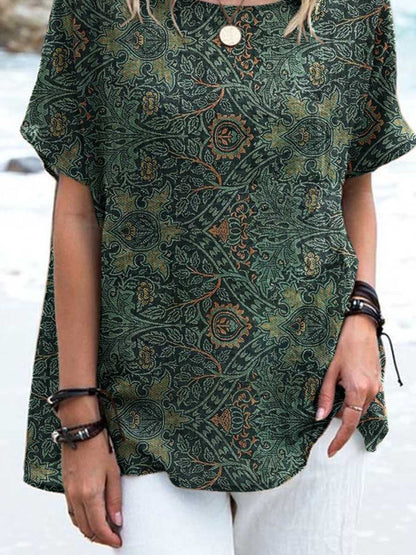 Women's Elegant Floral Round Neck Cotton and Linen Top