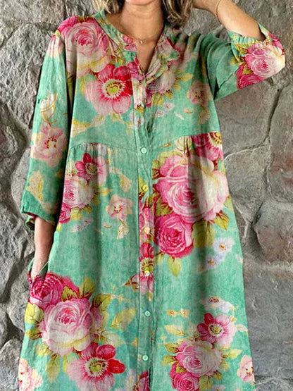 Women's Rose Floral Print Elegant Simple Shirt  Cotton and LinenDress