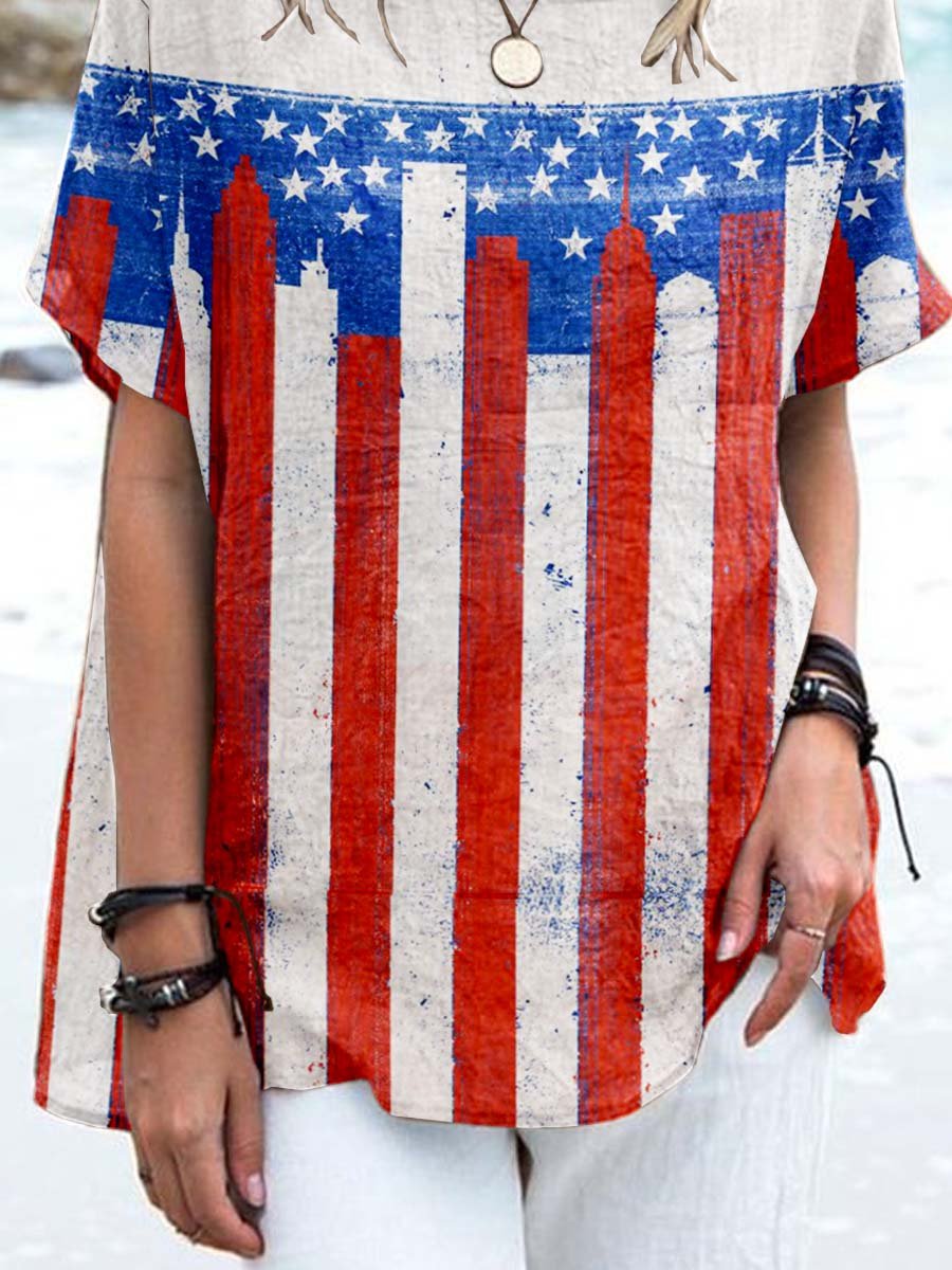 Women's Independence Day Flag Pattern Cotton and Linen Top