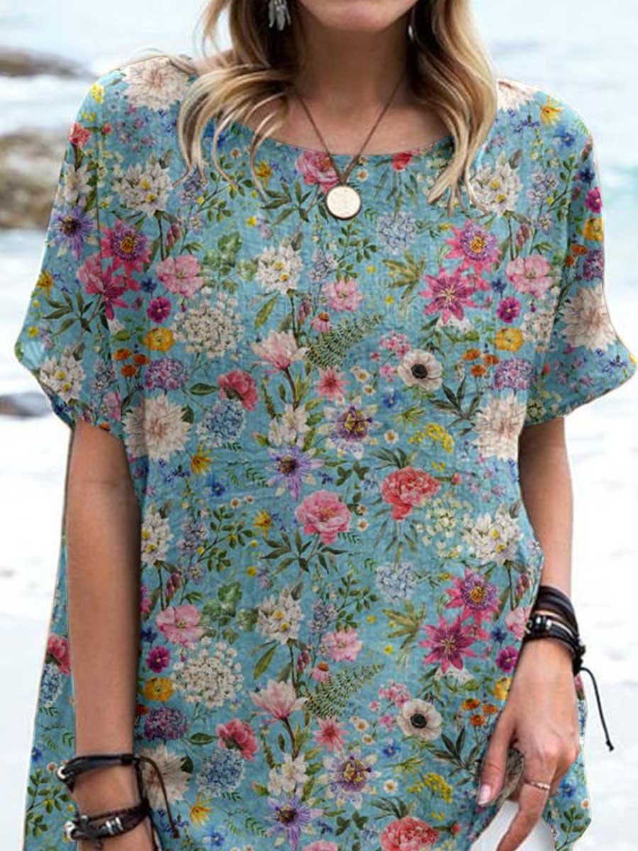 Women's Elegant Retro Floral Pattern Round Neck Cotton and Linen Top