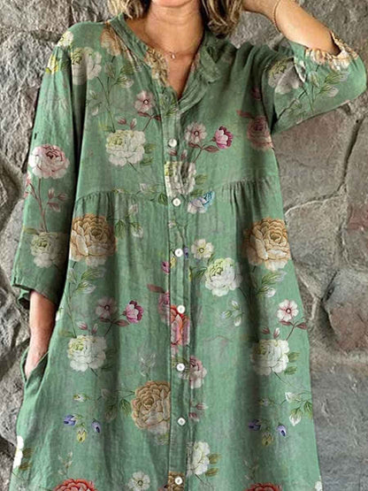 Women's Vintage Floral Pattern Shirt Style Cotton and Linen Dress