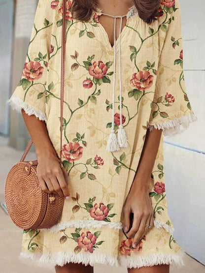 Women's Elegant Rose Floral Print V-Neck Strappy Raw Edge Cotton And Linen Dress