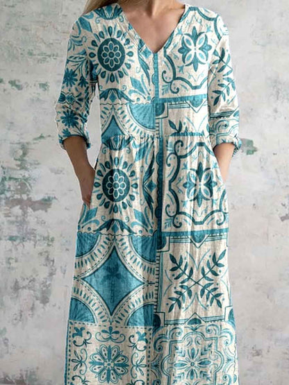 Women's Arty Bohemian Pattern V-Neck Cotton and Linen Dress