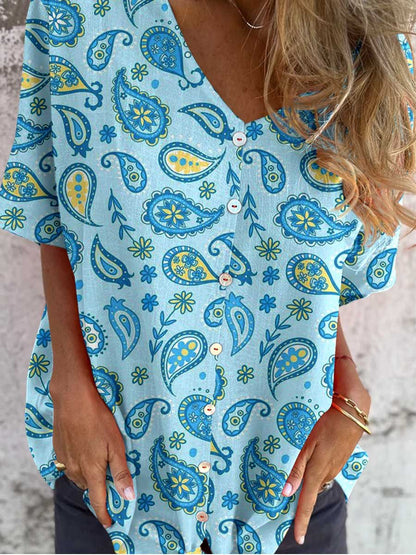 Women's Paisley Shirt Style Cotton and Linen Top