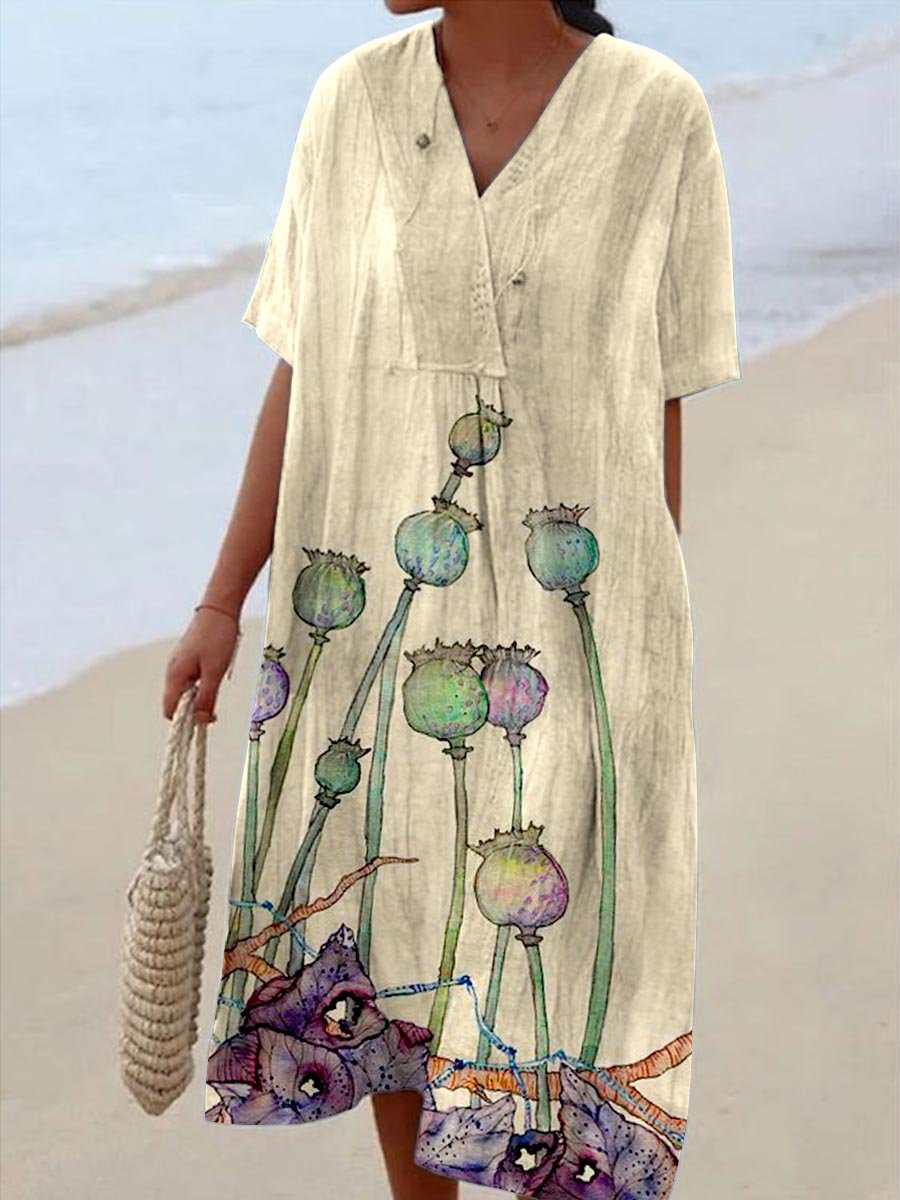 Women's V-neck Poppy Fruit Seaside Resort Style Dress