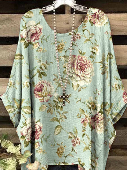 Women's Elegant Simple V-Neck Floral  Cotton Top