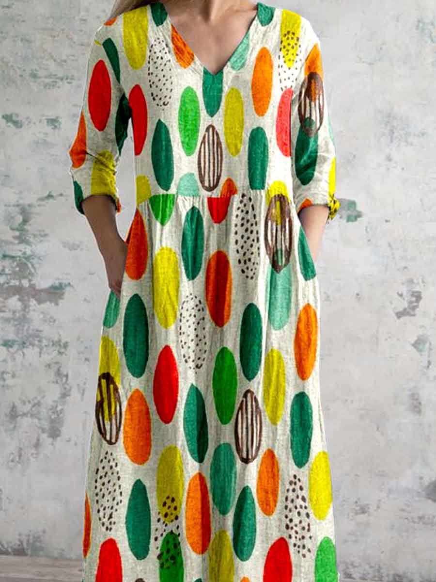 Women's Artistic Polka Dot Pattern V-neck Cotton And Linen Dress