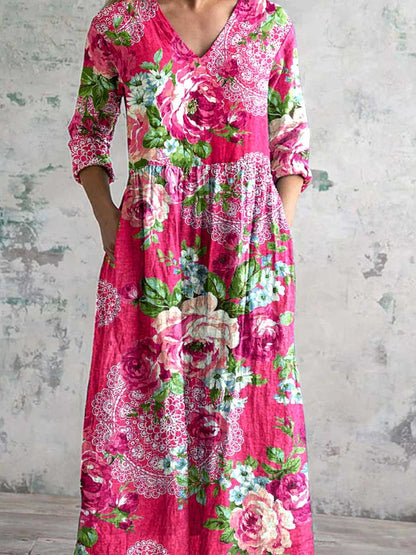 Women's Art Rose Floral V Neck Cotton and Linen Dress With Pockets