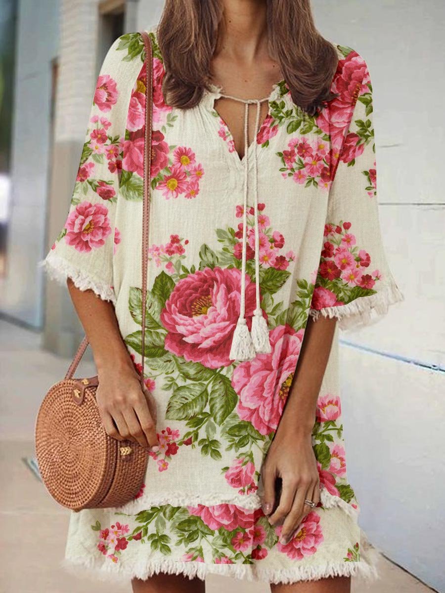 Women's Elegant Rose Floral Print V-Neck Strappy Raw Edge Cotton And Linen Dress