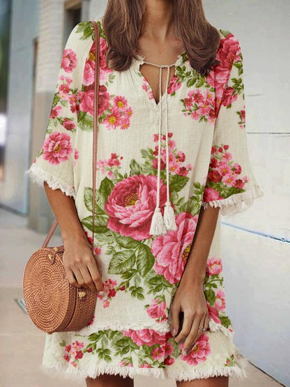 Women's Elegant Rose Floral Print V-Neck Strappy Raw Edge Cotton And Linen Dress