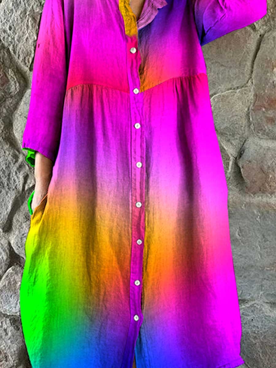 Women's Rainbow Color Gradient Print Elegant Simple Shirt Cotton and Linen Dress