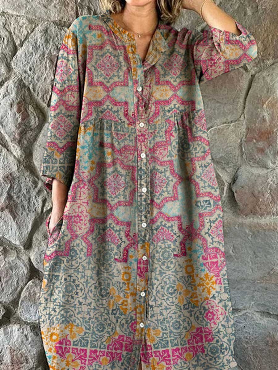 Women's Colorful Retro Elegant Bohemian Geometric Pattern Cotton and Linen Shirt Dress