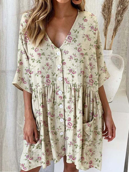 Women's Simple Floral Floral Print Cotton And Linen Dress