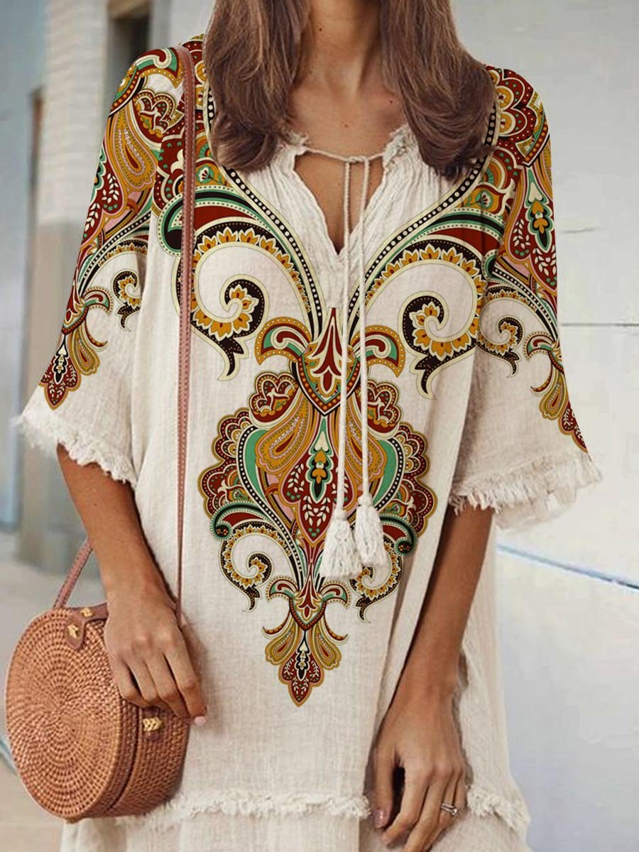 Women's Retro Bohemian Pattern Print V-Neck Strappy Raw Edge Cotton and Linen Dress