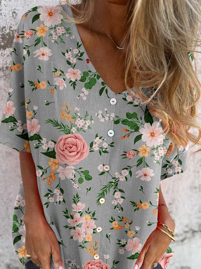 Women's  Rose Foral Pattern V-neck Shirt Style Cotton And Linen Top