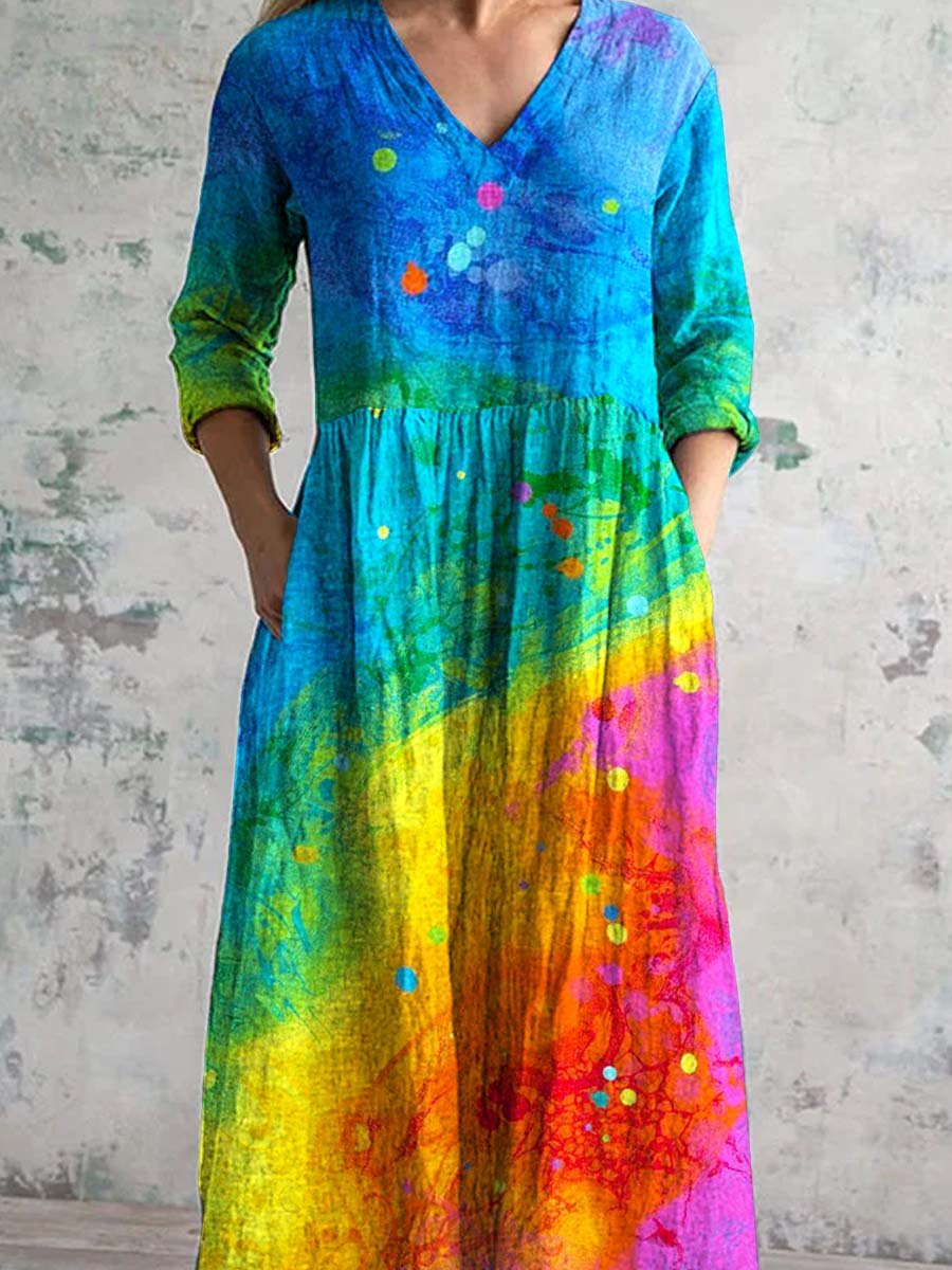 Women's V-Neck Rainbow Gradient Pattern Dress With Pockets