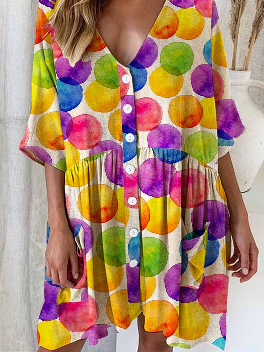 Women's Summer Rainbow Watercolor Polka Dot Print Cotton And Linen Dress