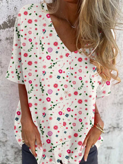 Women's Foral Pattern V-neck Shirt Style Cotton And Linen Top