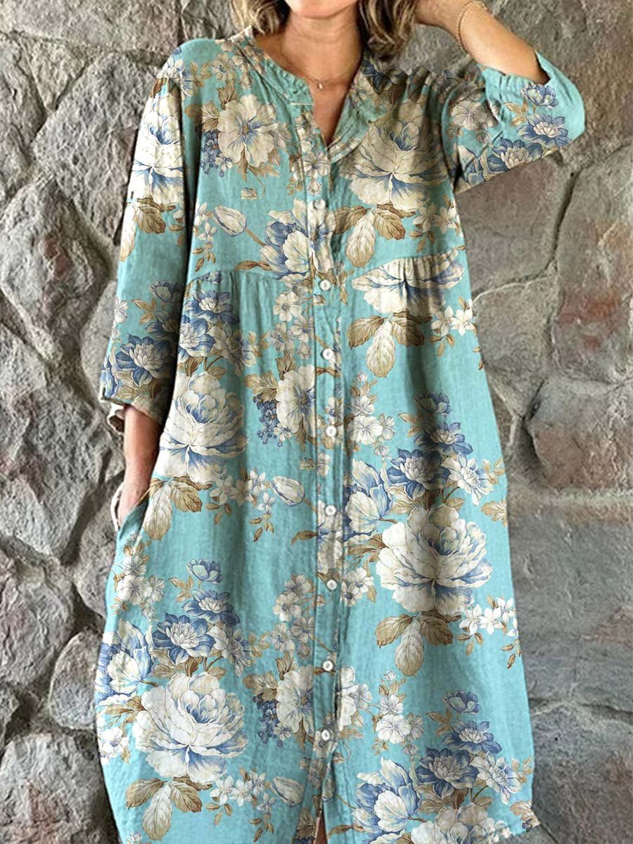 Women's Elegant Floral Pattern Cotton and Linen Dress with Pockets