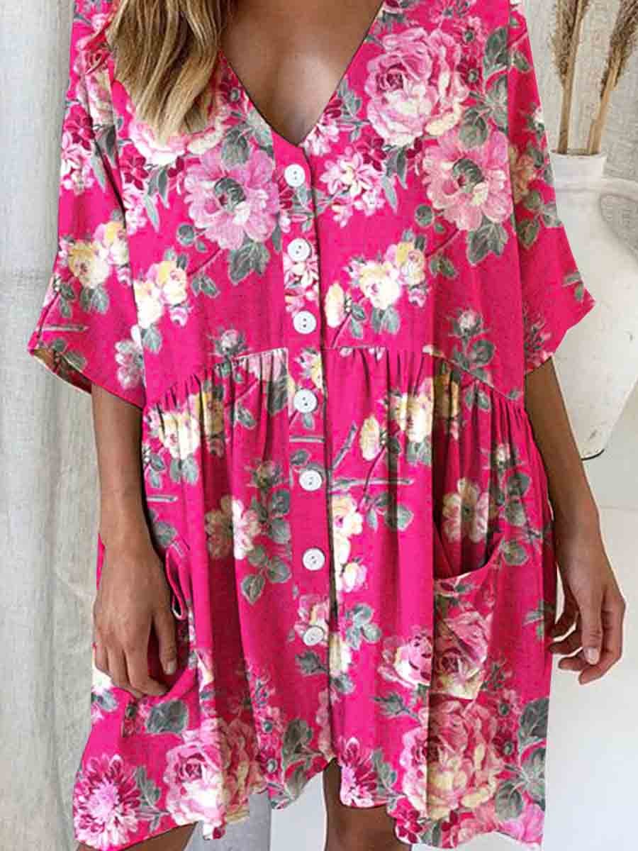 Women's Elegant Rose Floral Print Cotton and Linen Dress