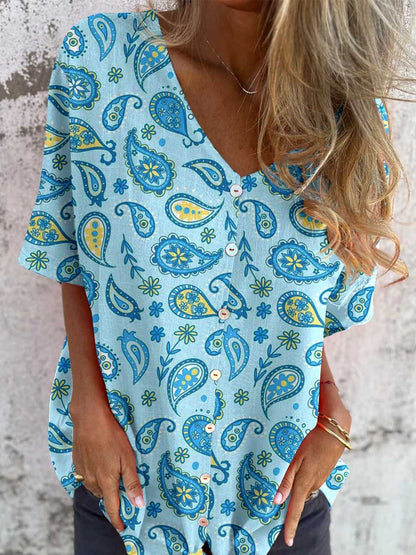 Women's Paisley Shirt Style Cotton and Linen Top