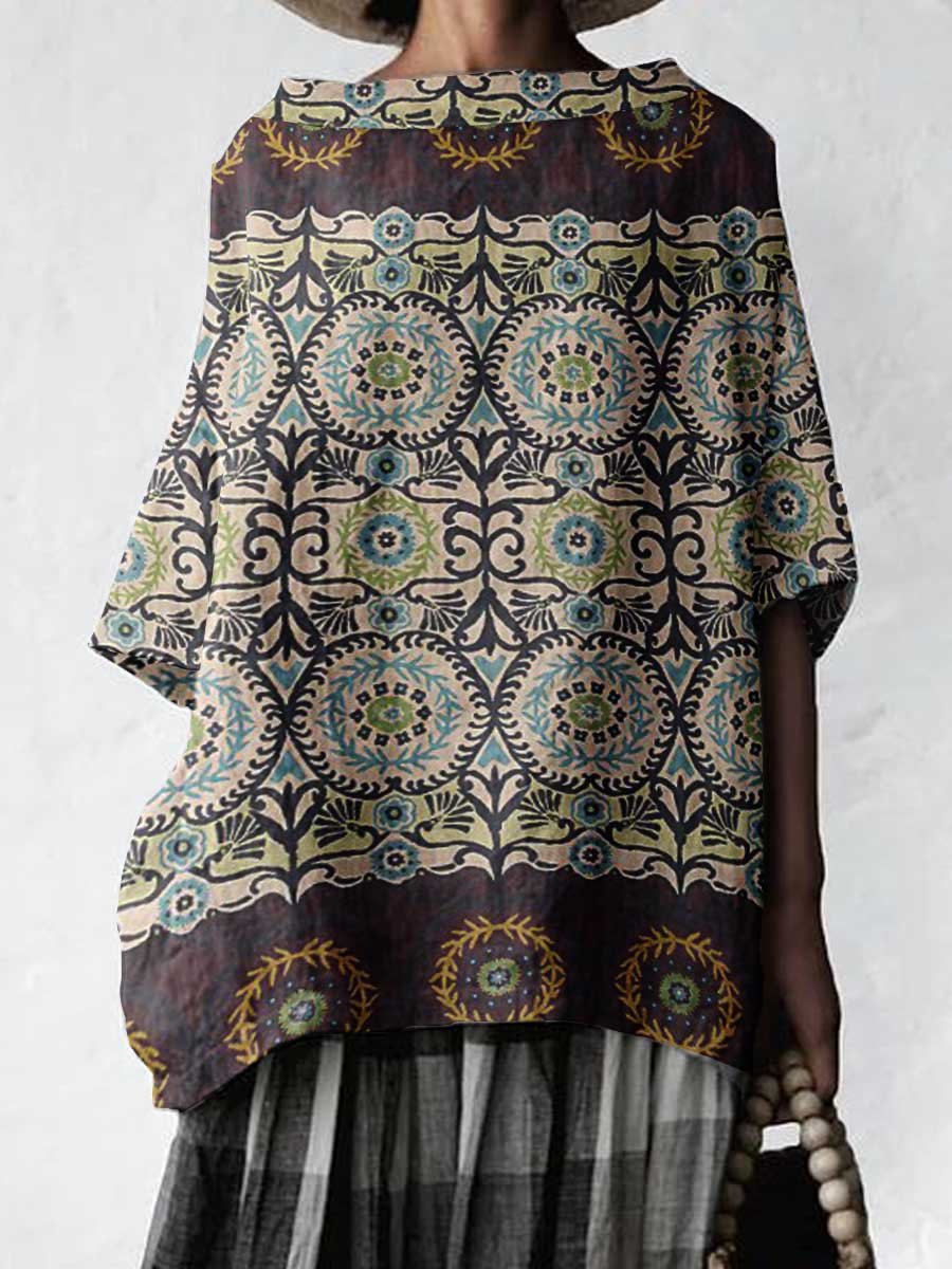 Women's Ethnic Geometric Pattern Cotton And LinenTops