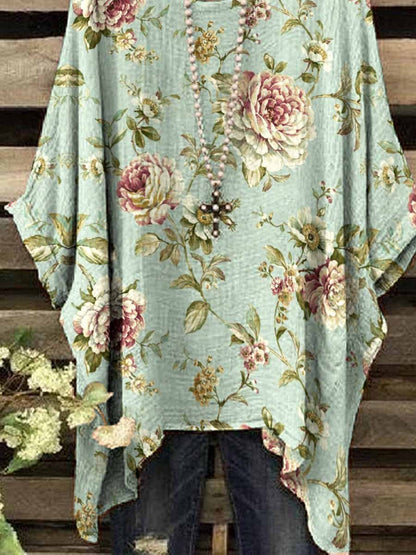 Women's Elegant Simple V-Neck Floral  Cotton Top