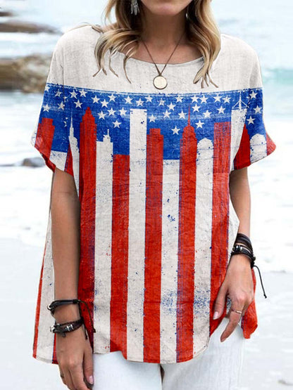 Women's Independence Day Flag Pattern Cotton and Linen Top