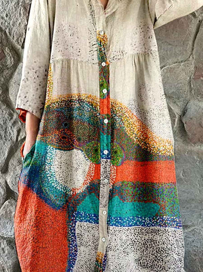 Women's Art Quicksand Pattern Shirt Style Cotton and Linen Dress