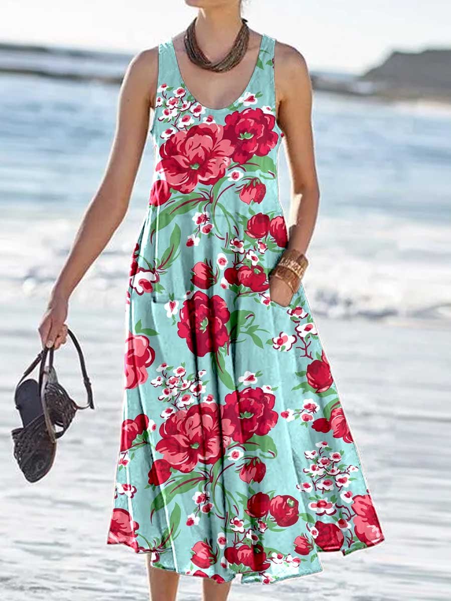 Women's Beach Resort Style Rose Floral Pattern Tank Top Dress with Pockets