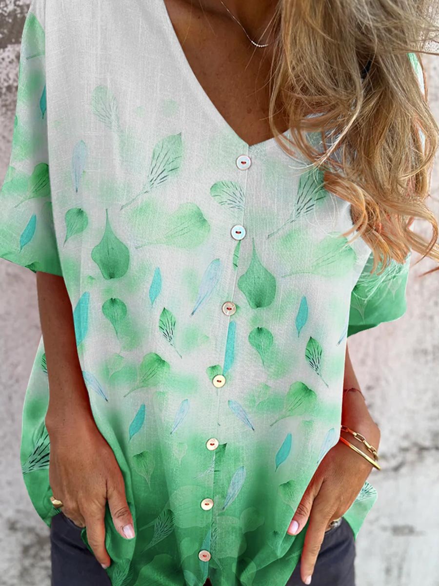 Women's Elegant Ombre Floral Pattern Shirt Cotton and Linen Top