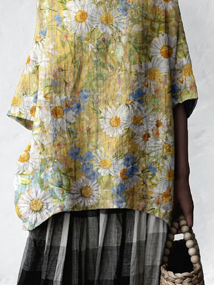 Women's Art Sunflower Floral Cotton and Linen Top