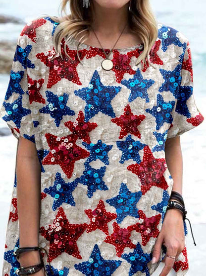 Women's Independence Day Star Print Pattern Cotton and Linen Top