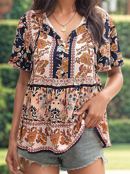 Women's Printed Lotus Sleeve Tie Shirt