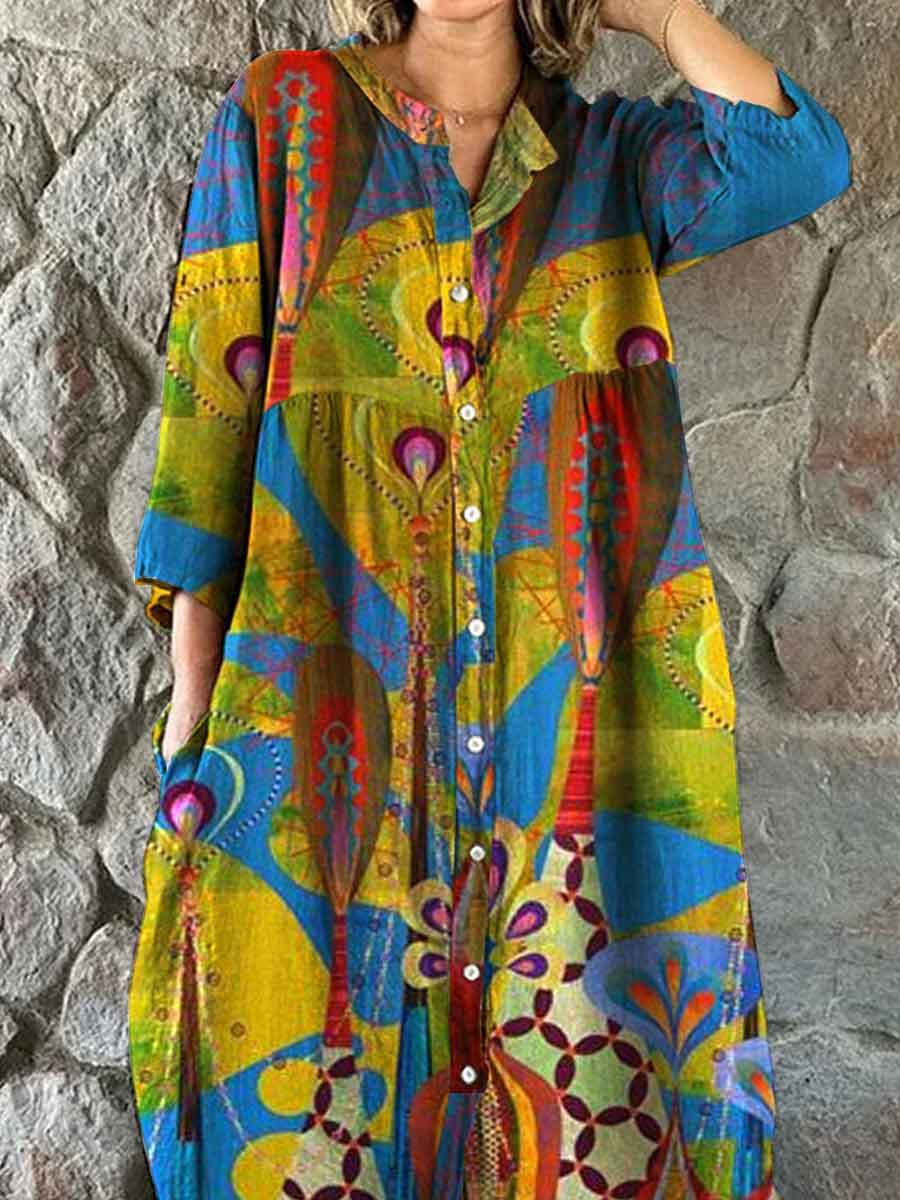 Women's Retro Art Geometric Split Color Pattern Shirt Style Cotton and Linen Dress