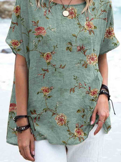 Women's Elegant Vintage Rose Floral Print Linen Top