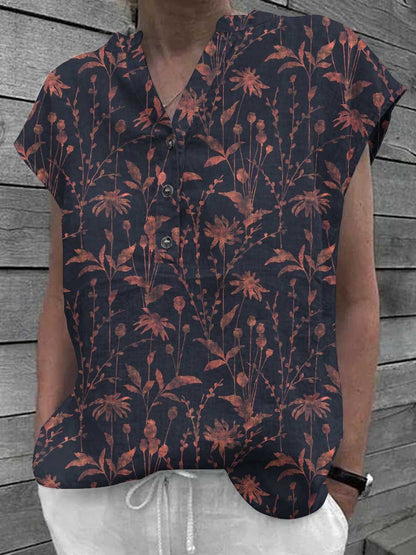 Women's Classic Floral Pattern V-Neck Cotton and LinenTop