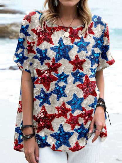 Women's Independence Day Star Print Pattern Cotton and Linen Top